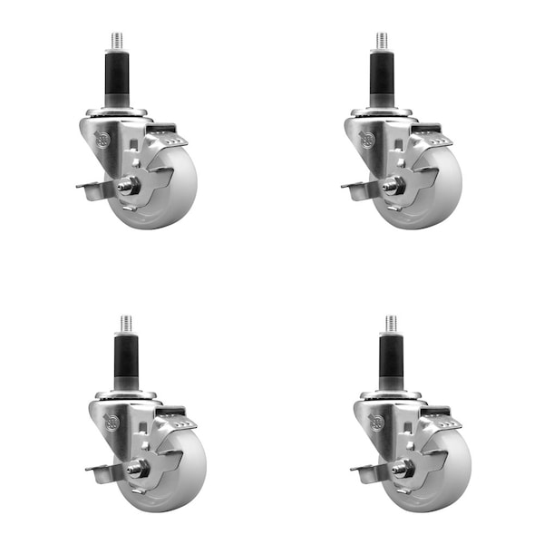 3'' SS Nylon Swivel 1-1/8'' Expanding Stem Caster Set with Brake, 4PK